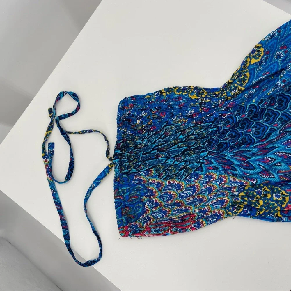 Girls Peacock Blue Summer Dress Halter Tube Top Tie Back